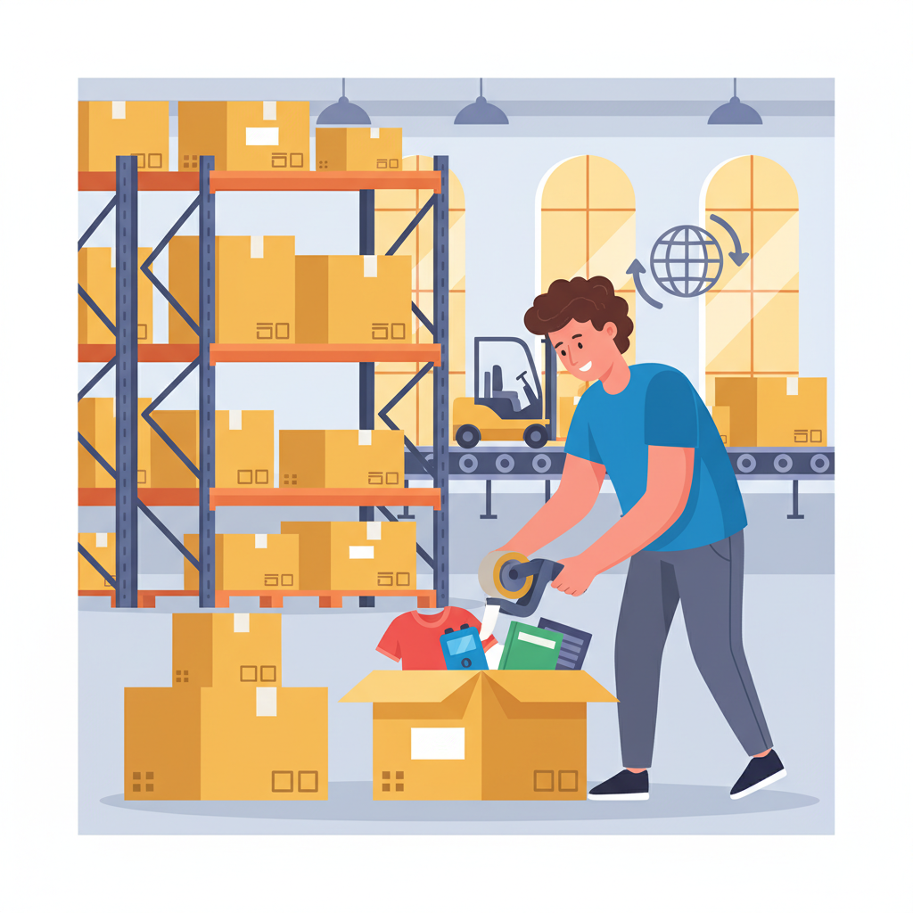 Dropshipping operasyonlarını temsil eden, kargo için kutuları paketleyen bir kişinin illüstrasyonu.