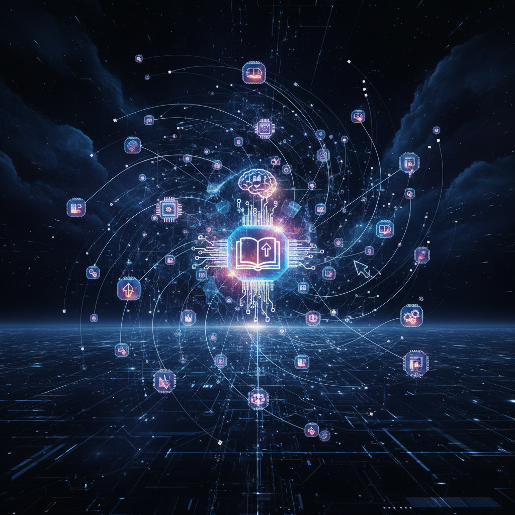 E-kitaplar, kurslar ve yazılımlar için parlayan simgelerle dijital içerik oluşturma ve dağıtımını temsil eden soyut bir görsel.