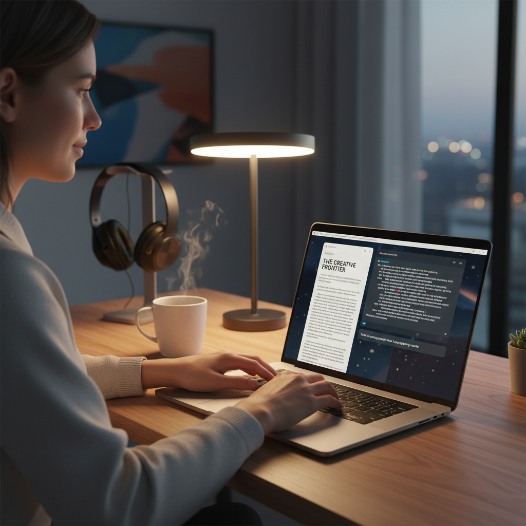 Yapay zeka desteğiyle içerik üreten bir kişi, modern bir masa düzeni ve ekranda metin üretimi gösteriliyor.