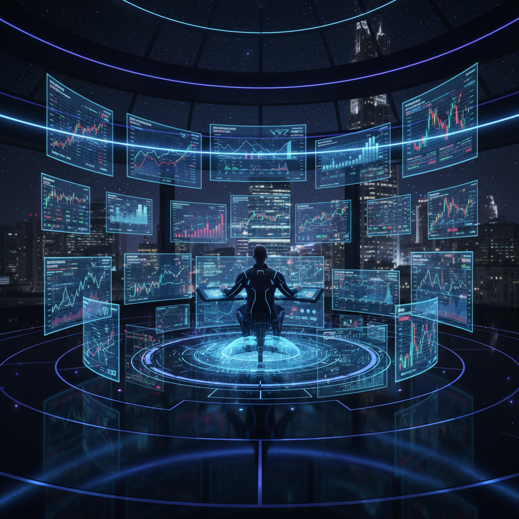 Fütüristik bir borsa, holografik hisse senedi grafikleri ve veri akışları ile, sofistike bir arayüzle bilgi analiz eden bir kişi.