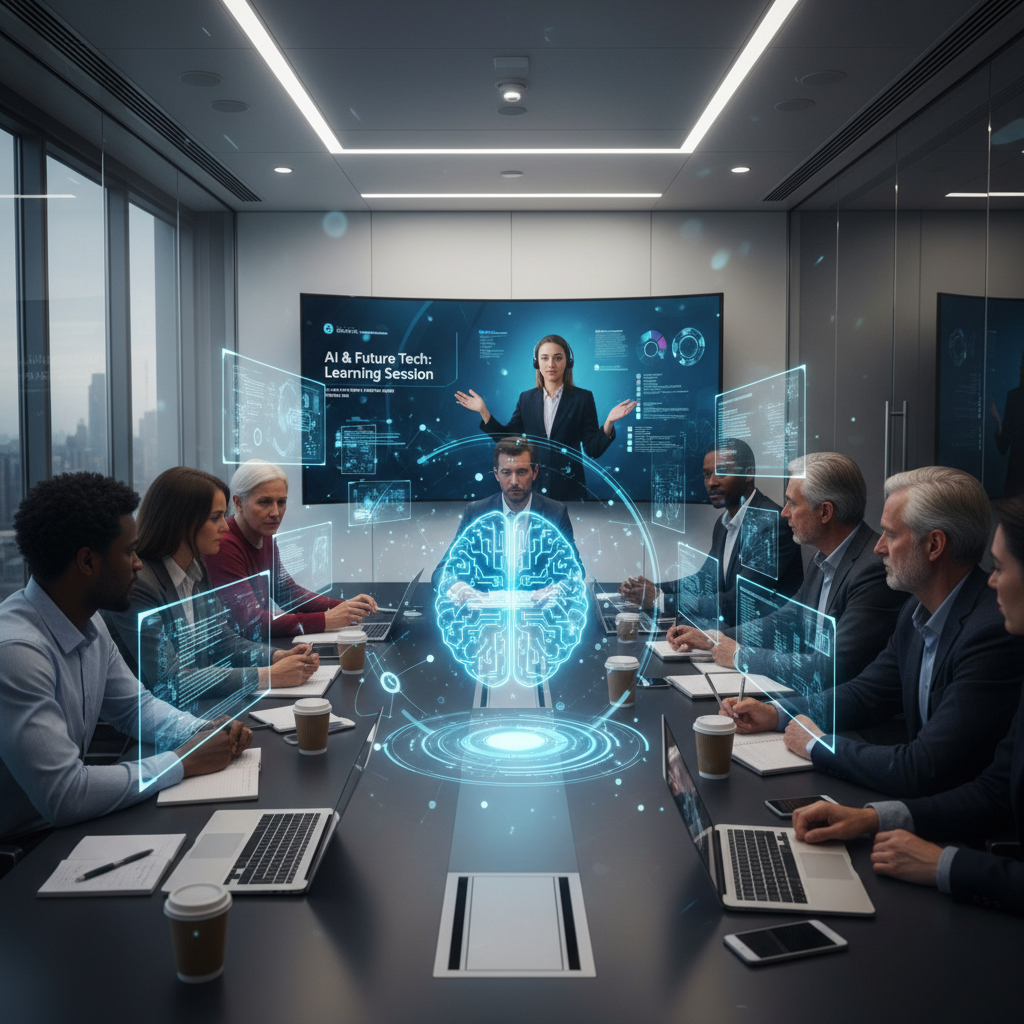 Modern bir toplantı odasında yapay zeka üzerine sanal eğitim alan insanlar, holografik ekranlar ve odaklanmış ifadeler.
