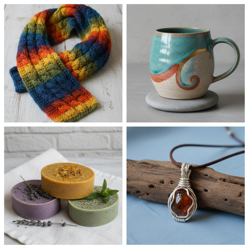 Evde üretilebilecek çeşitli el yapımı ürünlerin kolajı: örgü atkı, seramik kupa, el yapımı sabun ve özel tasarım takı.