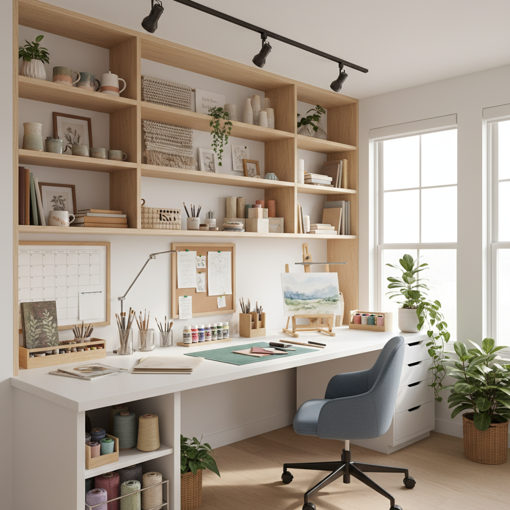 El sanatları ürünlerinin sergilendiği rafları, düzenli sanat malzemeleri ve iyi aydınlatması olan modern ve düzenli bir ev stüdyosu.