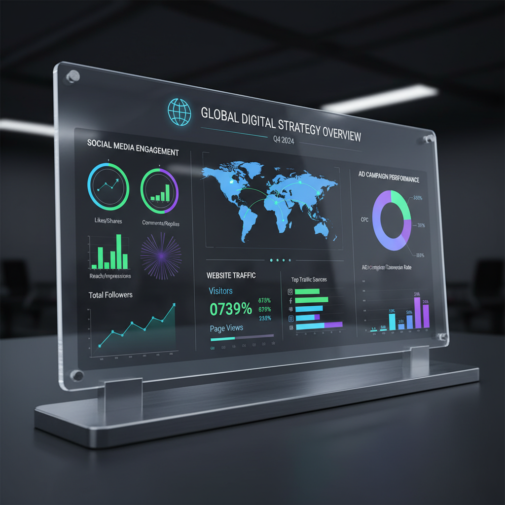 Sosyal medya etkileşimi, web sitesi trafiği ve reklam kampanyası performansını gösteren dijital pazarlama panosu.