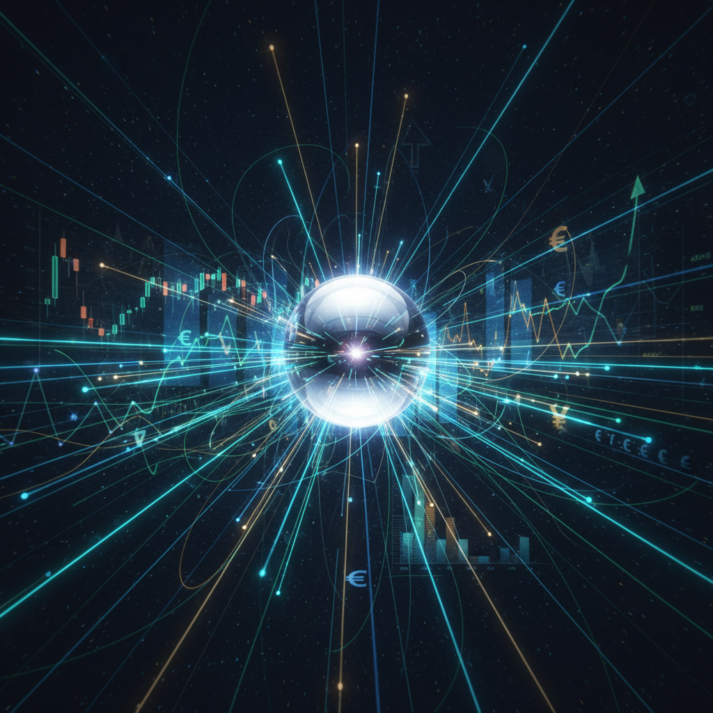 Merkezinde parlak bir gümüş küre bulunan, birbirine bağlı çizgiler ve düğümlerle sembolize edilen küresel ekonomik büyümenin soyut temsili.