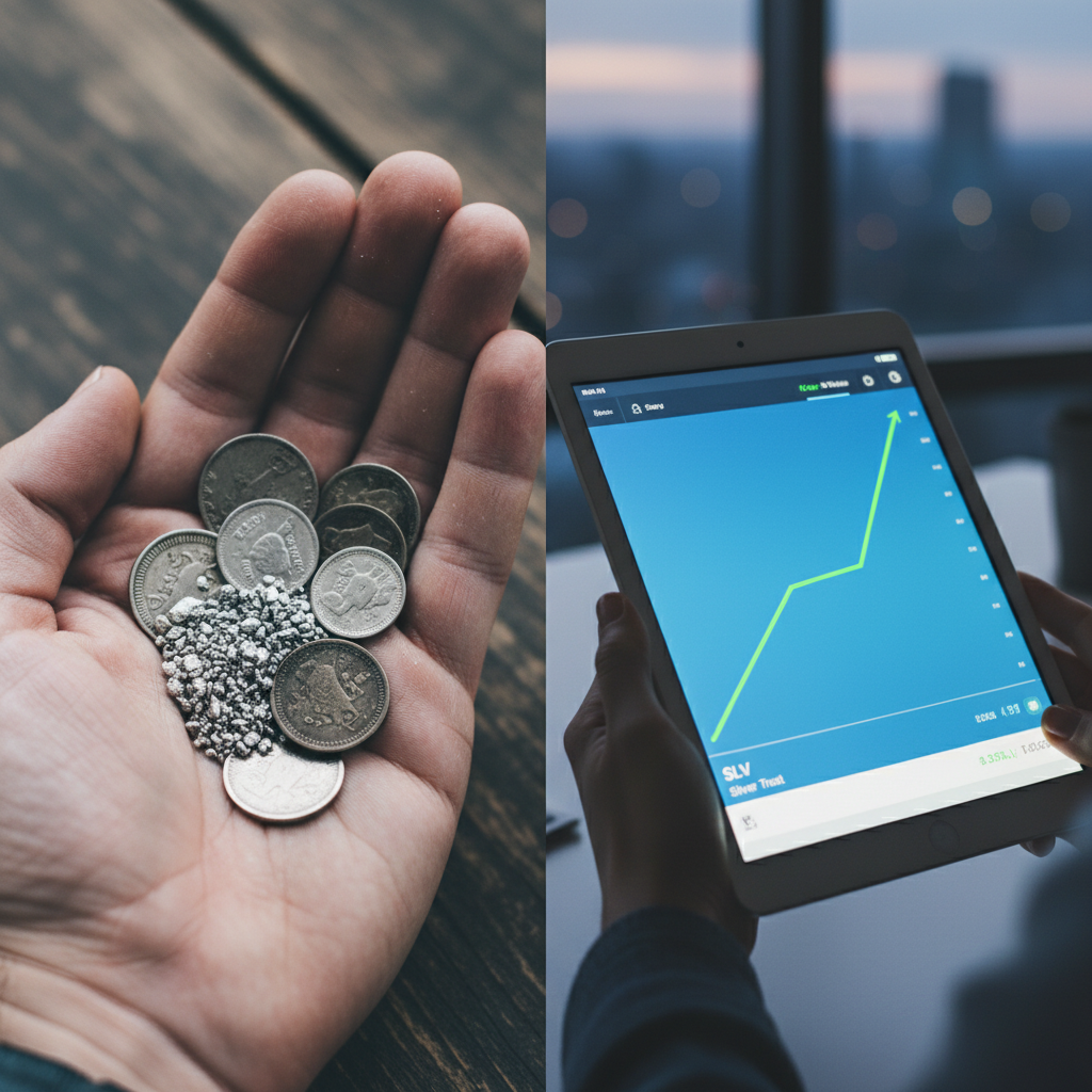 Bir yanda fiziksel gümüşü temsil eden gümüş sikkeler ve granüller, diğer yanda finansal yatırımı temsil eden yükselen bir grafiği gösteren tablet ekranı.