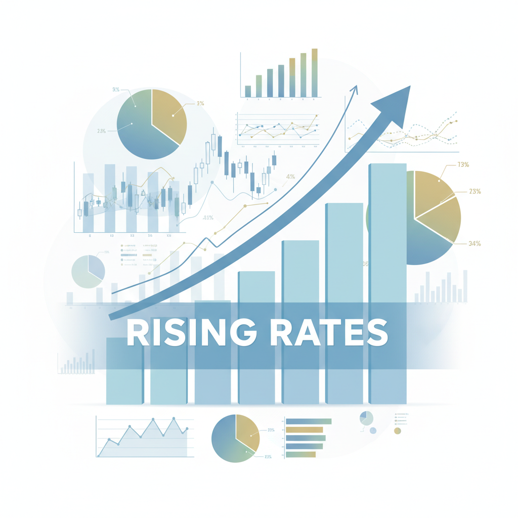Ekonomik grafikler ve çizelgeler arka planına karşı yukarı doğru eğilim gösteren faiz oranı çubuklarını gösteren grafik illüstrasyonu.