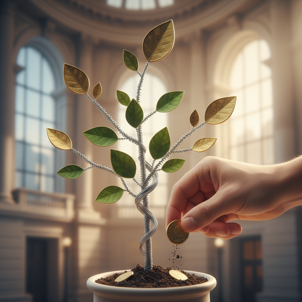 Yatırım getirilerini simgeleyen büyüyen bir bitkiye madeni paralar koyan bir elin yakın çekim görüntüsü. Arka planda yumuşak odak ve bir bankanın mimari unsurlarının ipucu.