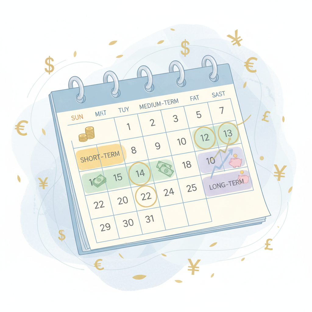 Farklı zaman dilimlerini temsil eden vurgulanmış tarihlere sahip bir takvim illüstrasyonu, etrafına dağılmış para sembolleri. Hafif, havadar bir tasarım.