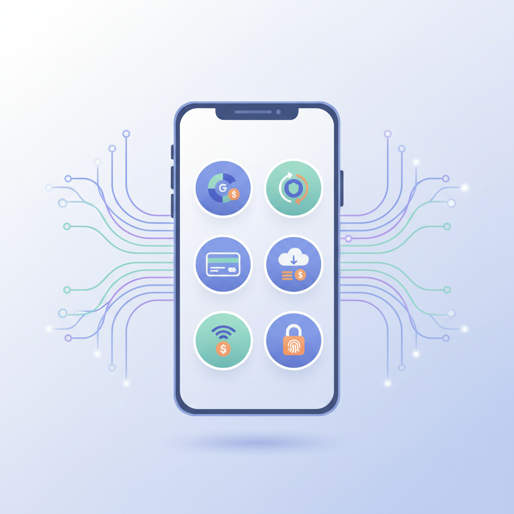 Farklı dijital cüzdan uygulamalarının ikonlarını gösteren minimalist bir akıllı telefon ekranı.