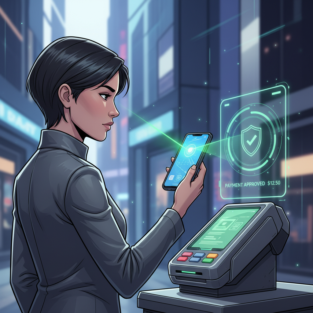 Akıllı telefonla temassız ödeme yapan bir insanı gösteren illüstrasyon.