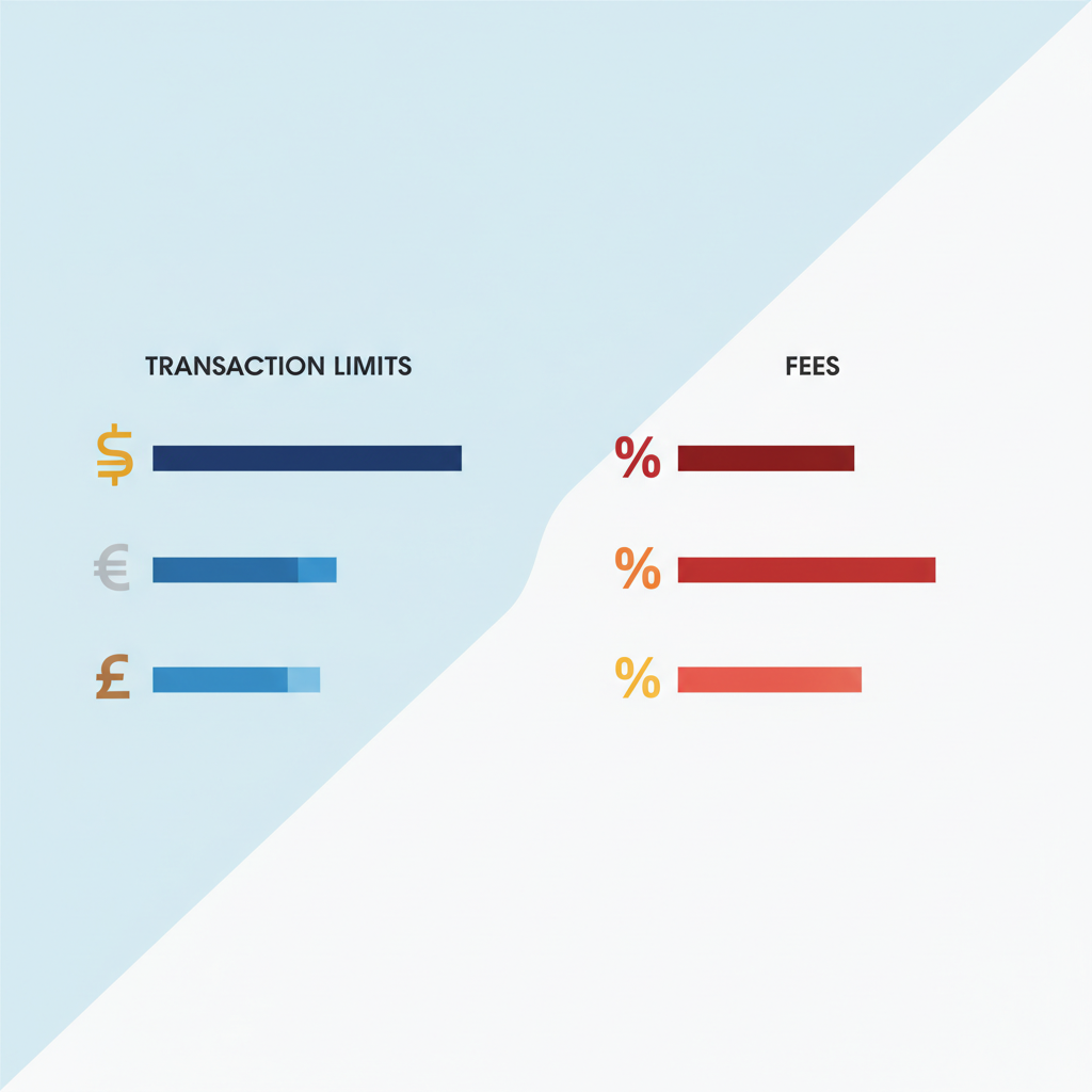 İşlem limitleri ve komisyonları gösteren grafikler, para ve yüzde ikonları