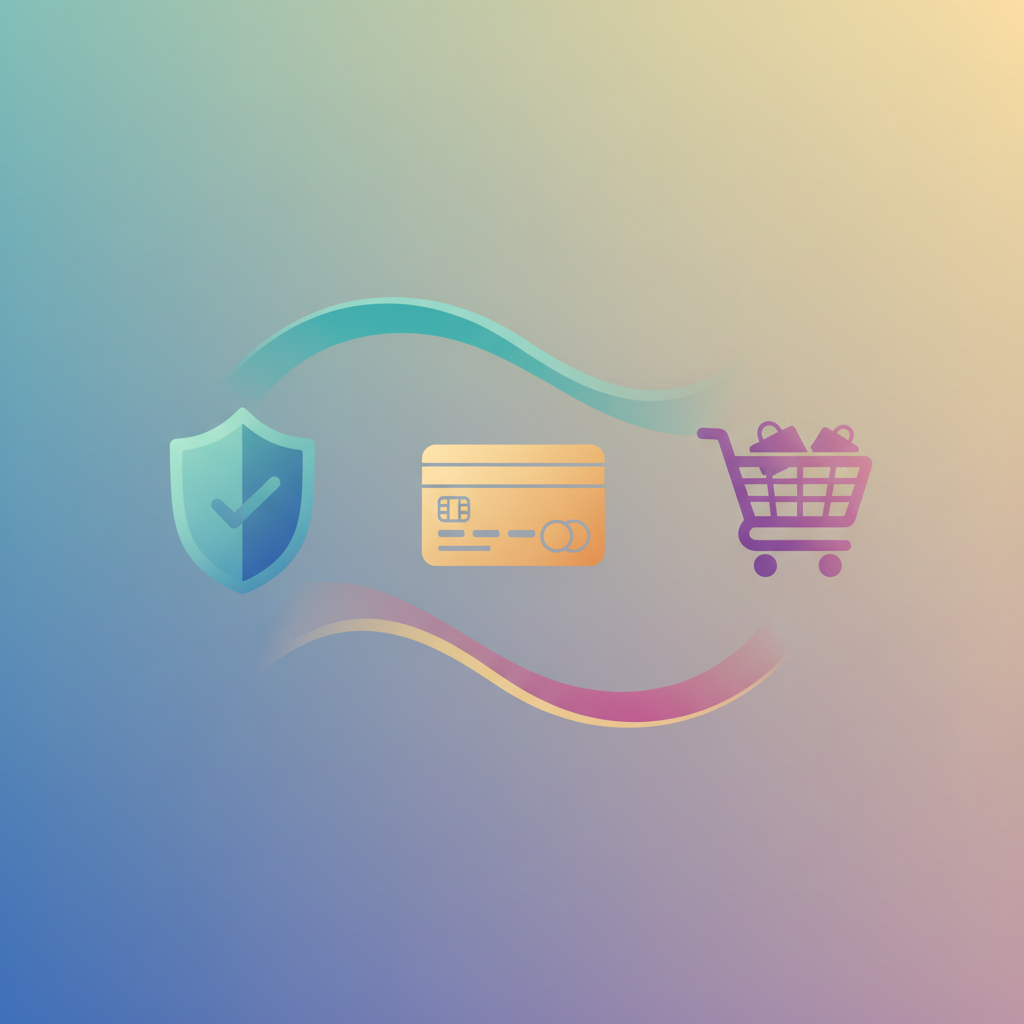 Finansal güvenlik ve kolay ödeme illüstrasyonu, kalkan ve alışveriş sepeti ikonları