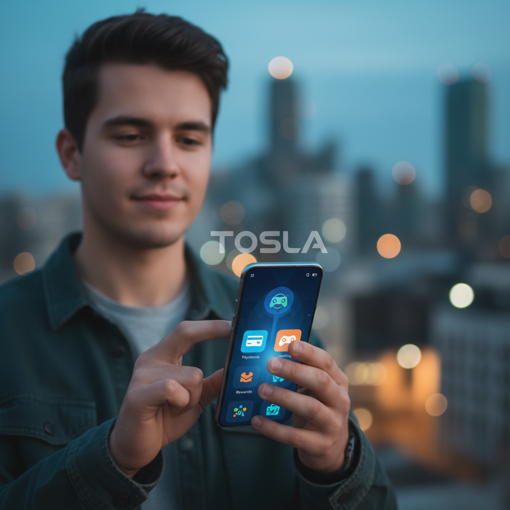 Genç bir kullanıcının Tosla uygulamasını akıllı telefonunda kullandığı görsel