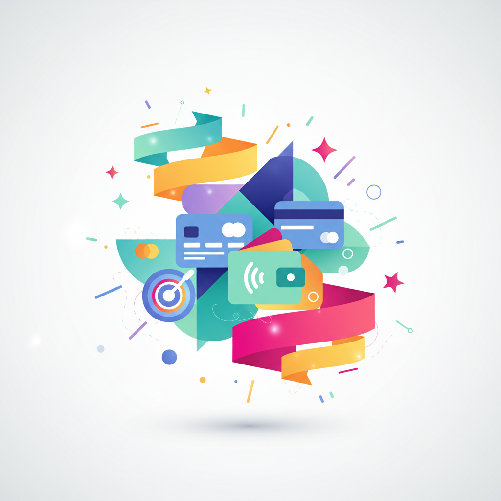 Dijital ödeme ikonları ve indirim sembolleri içeren modern grafik