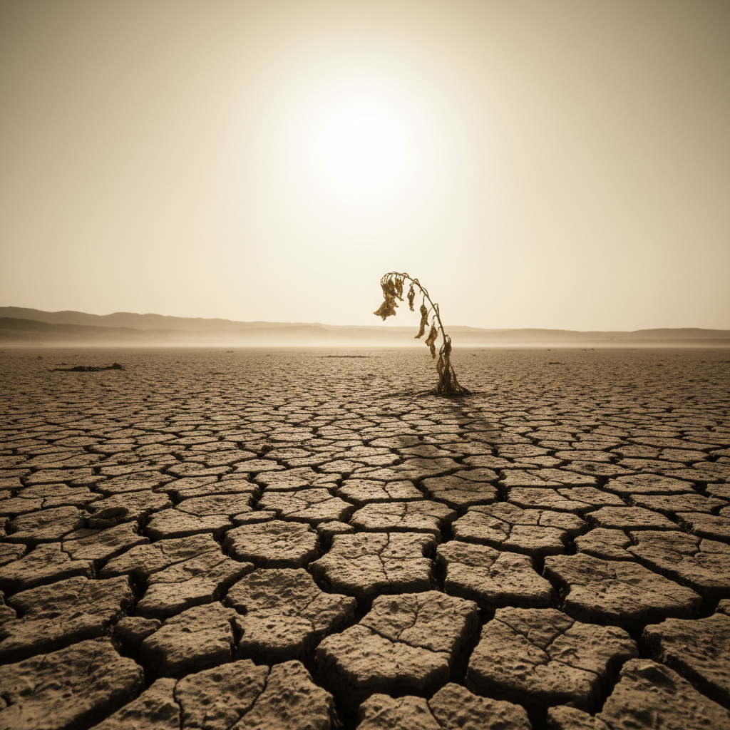 Kuraklık nedeniyle çatlamış topraklar ve solmuş bitkiler, tarımsal üretimin zorluklarını simgeliyor.