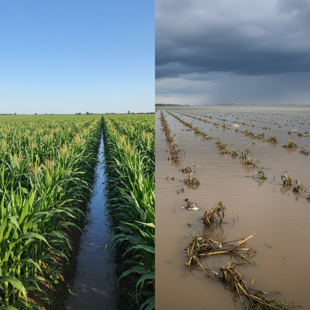Sel felaketinin vurduğu tarım arazileri ve sağlıklı mahsullerin bulunduğu karşılaştırmalı görüntü.