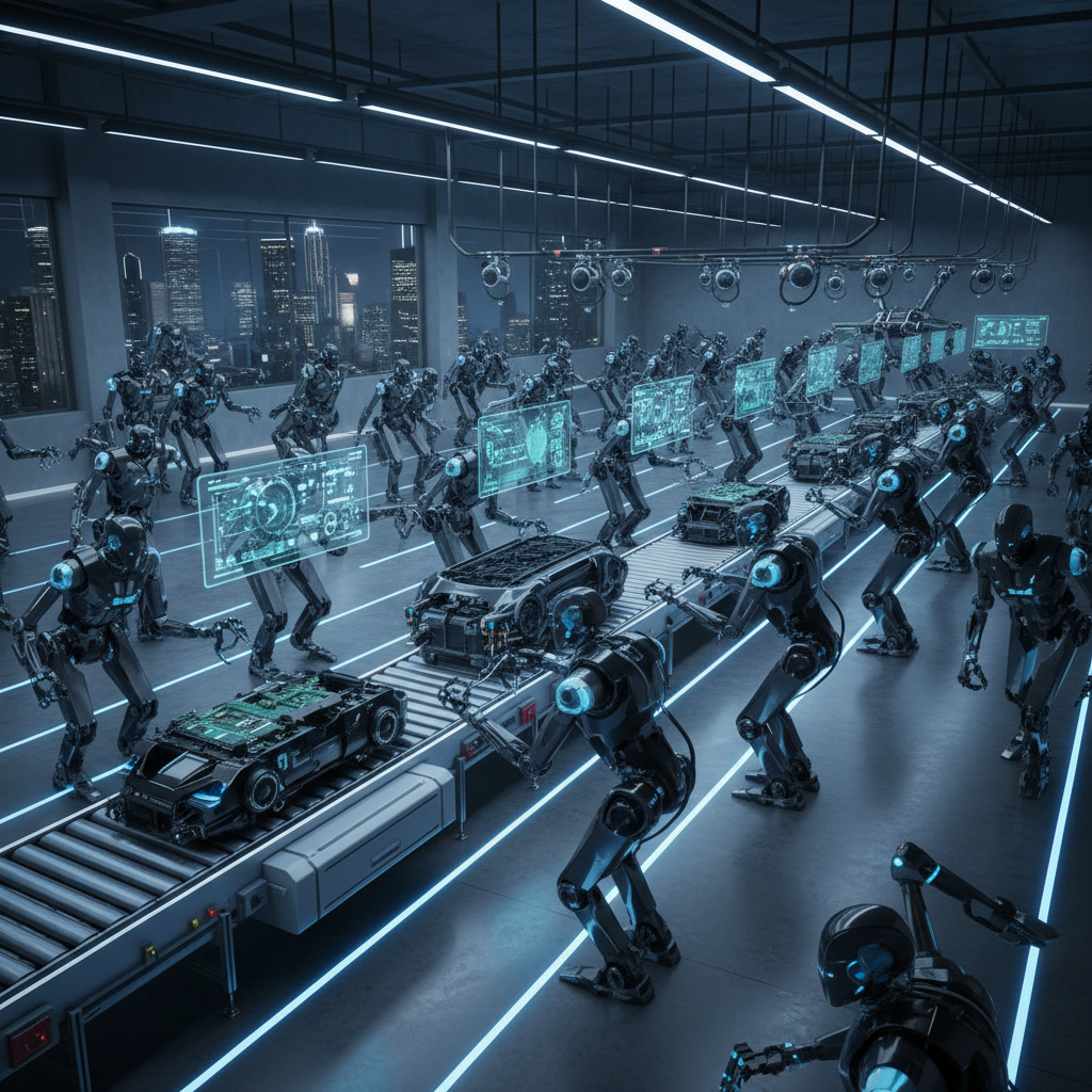 Yüksek teknolojili fabrika ortamında AI destekli robotlar üretim hattında çalışıyor.