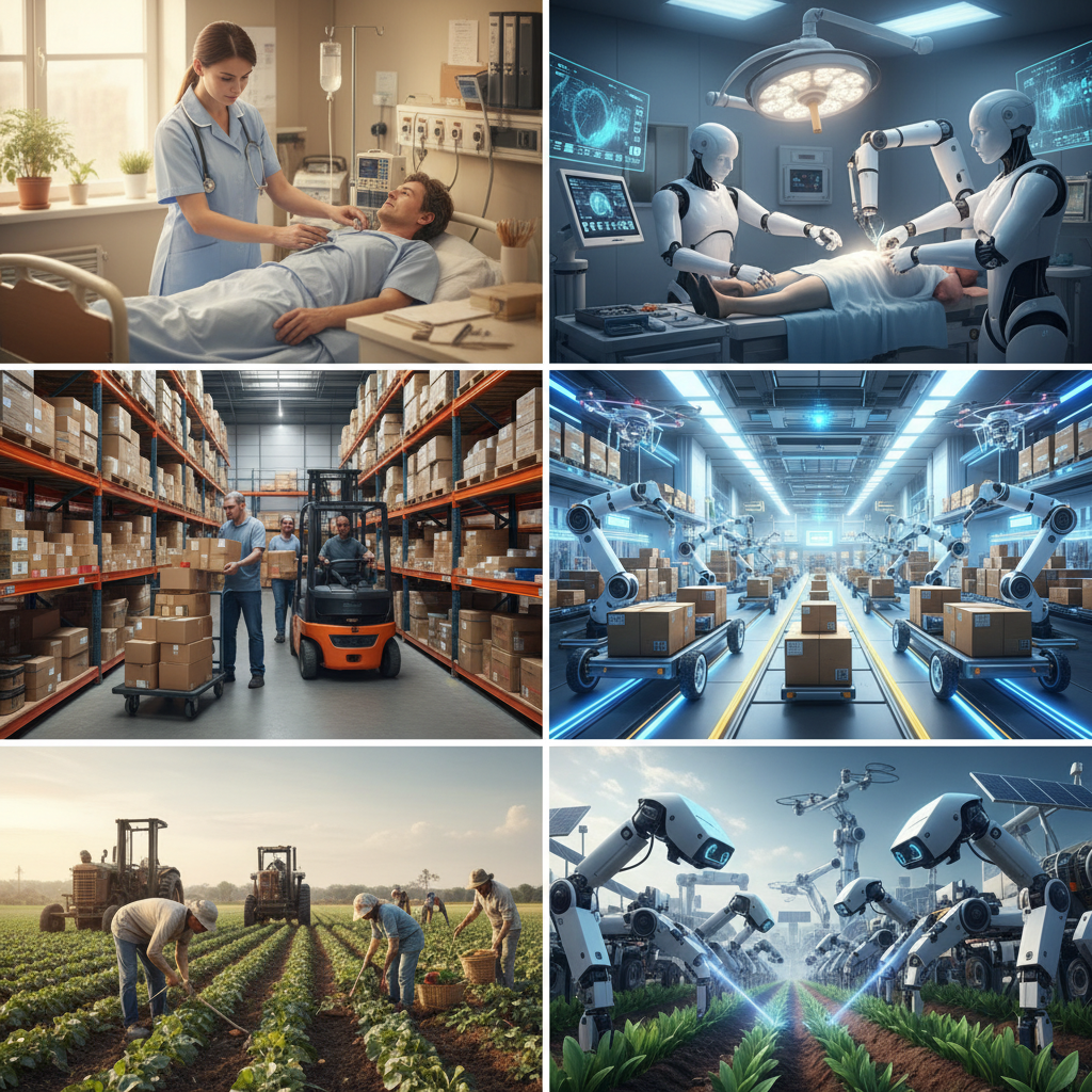 Geleneksel iş gücü ile AI destekli robotların farklı sektörlerdeki görevlerini karşılaştıran görsel.