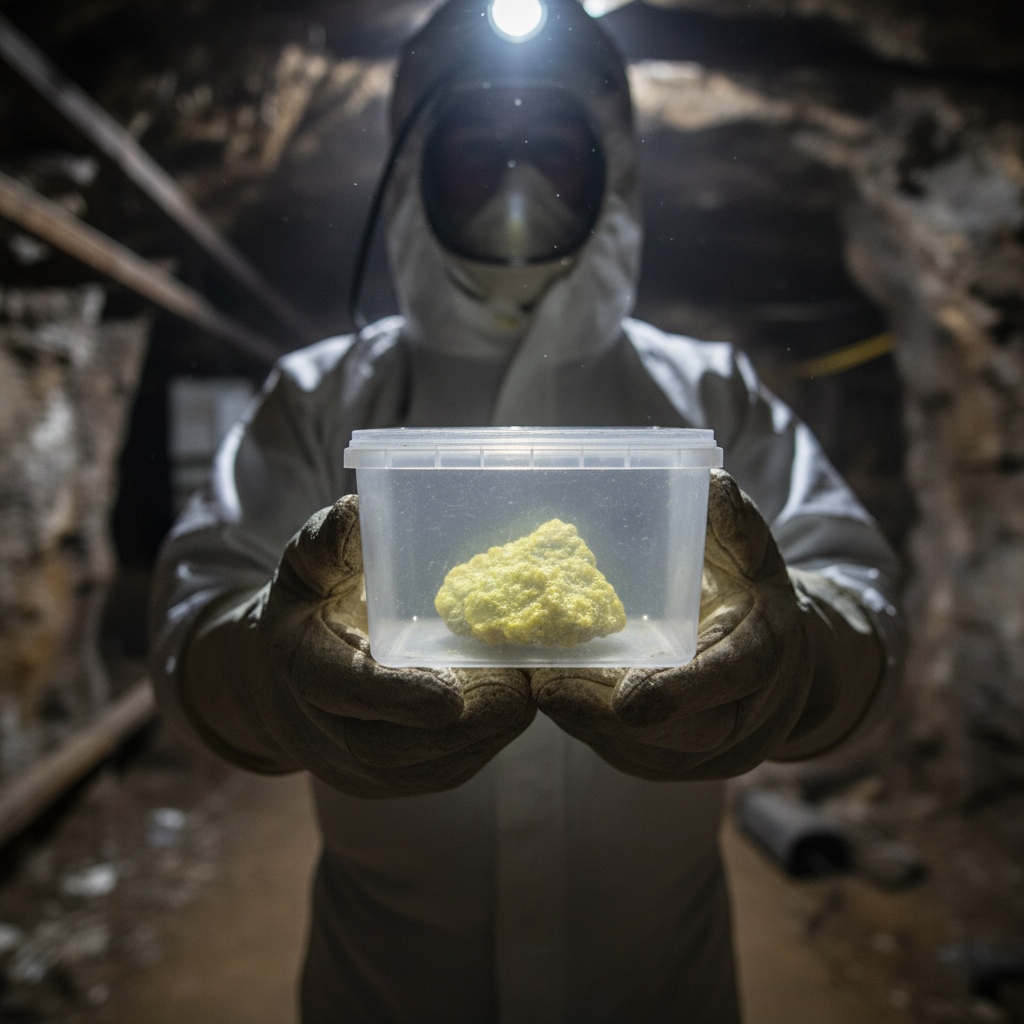 Uranyum madeninde uranyum cevheri örneği tutan işçi