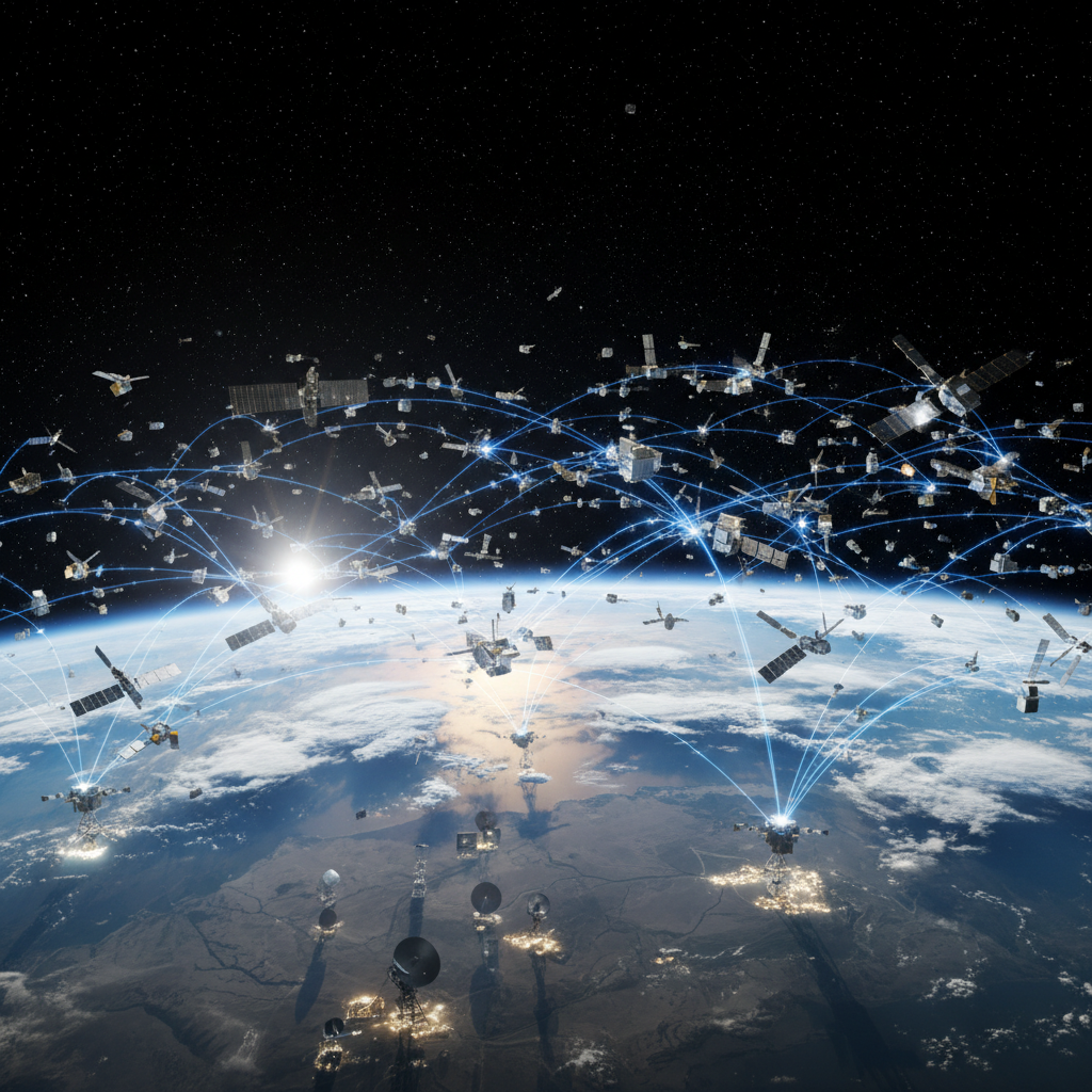 Dünya etrafında dönen uydu ağı ve veri akışını gösteren uzay teknolojisi temsili.