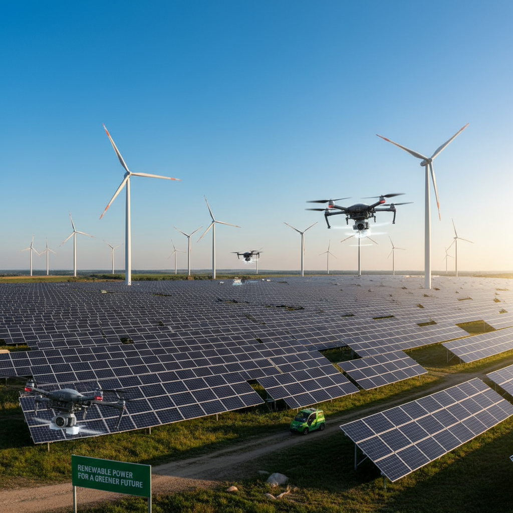 Güneş enerjisi santrali ve rüzgar türbinlerinden oluşan bir manzara, temiz enerjiyi simgeliyor.