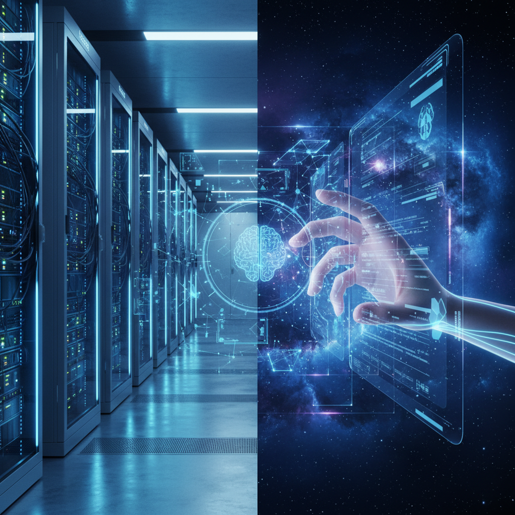 Yapay zeka altyapısı ve insan-yapay zeka etkileşimini gösteren bölünmüş imaj.