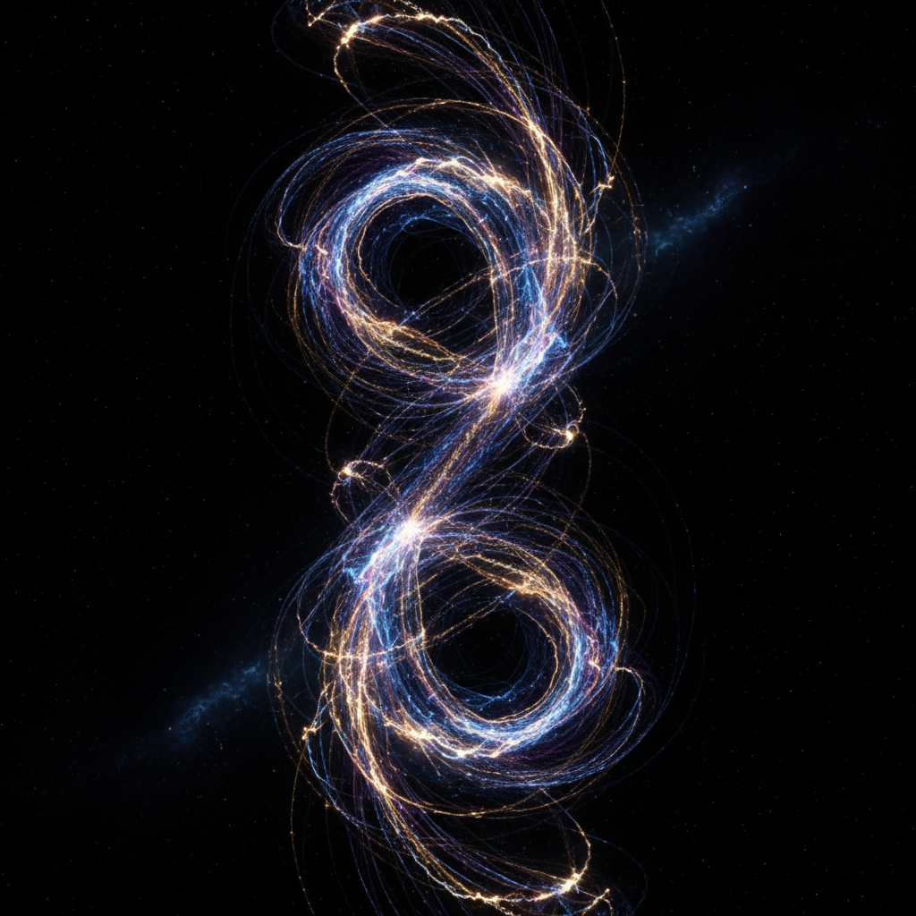 Kuantum dolanıklığını temsil eden soyut görsel, parlayan birbirine bağlı parçacıklar.