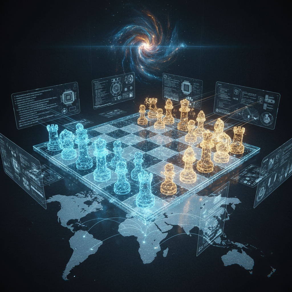 Yapay zeka ve kuantum bilişim alanlarında uluslar arası stratejik rekabeti simgeleyen ışık pulları olan satranç tahtası.