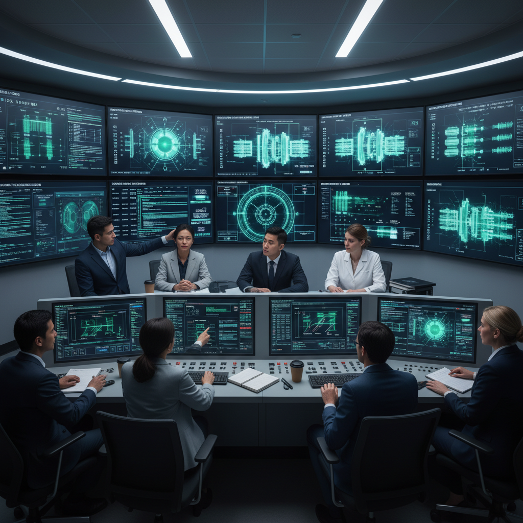 Mühendisler ve bilim insanları nükleer reaktör kontrol odasında çalışıyor