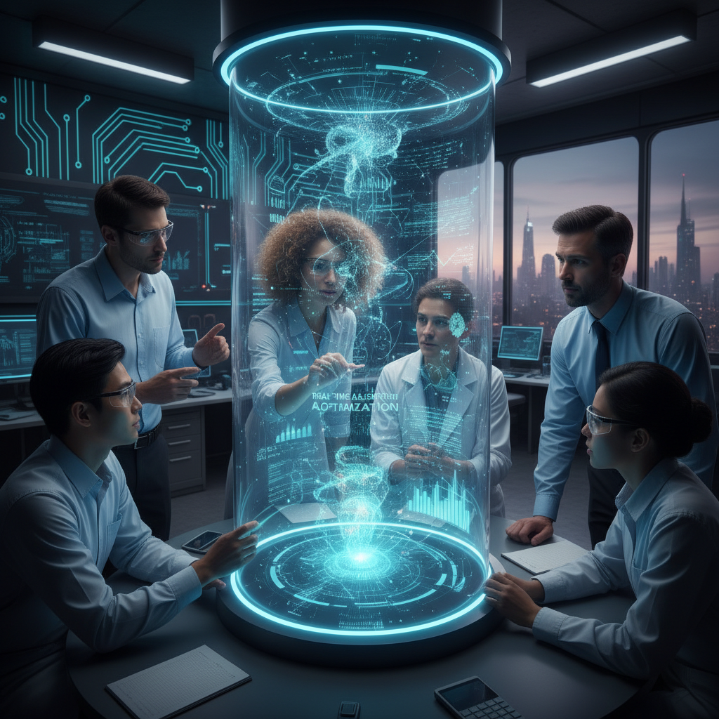 YZ algoritmalarını ve veri görselleştirmelerini gösteren hologram etrafında çalışan mühendisler ve bilim insanları