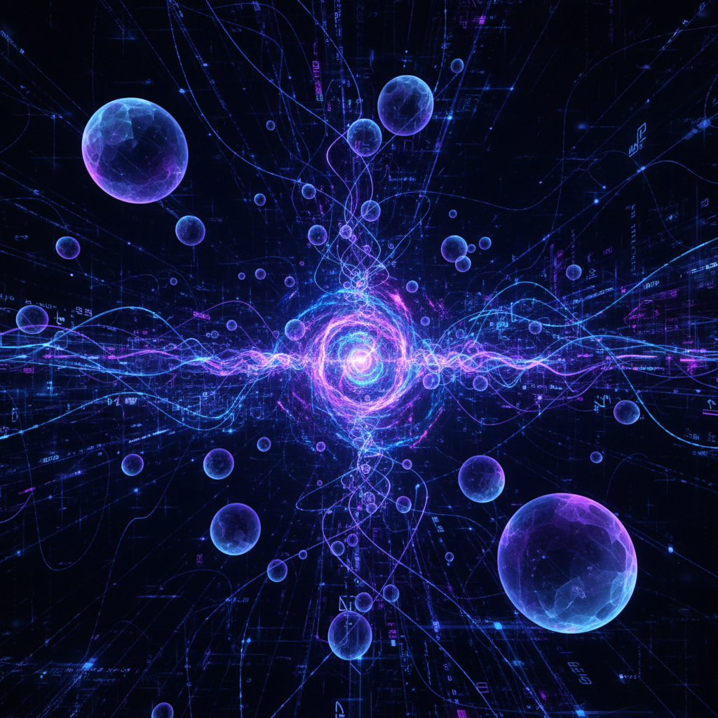 Kuantum bitlerinin (kübitlerin) süperpozisyon halini gösteren soyut görsel