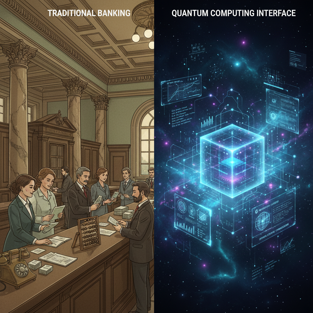 Geleneksel bankacılık ve kuantum bilişim arayüzü arasındaki karşılaştırmayı gösteren görsel