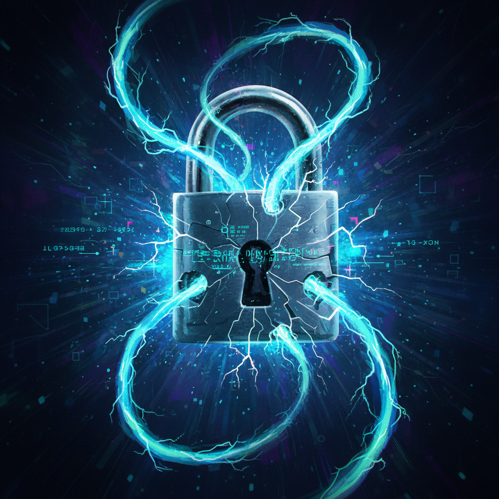 Mevcut şifreleme sistemlerinin kuantum enerjisi tarafından kırılmasını temsil eden görsel