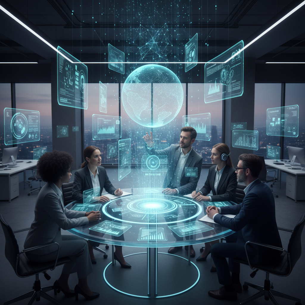 Profesyonellerin modern ofiste hologramik arayüzlerle etkileşimi