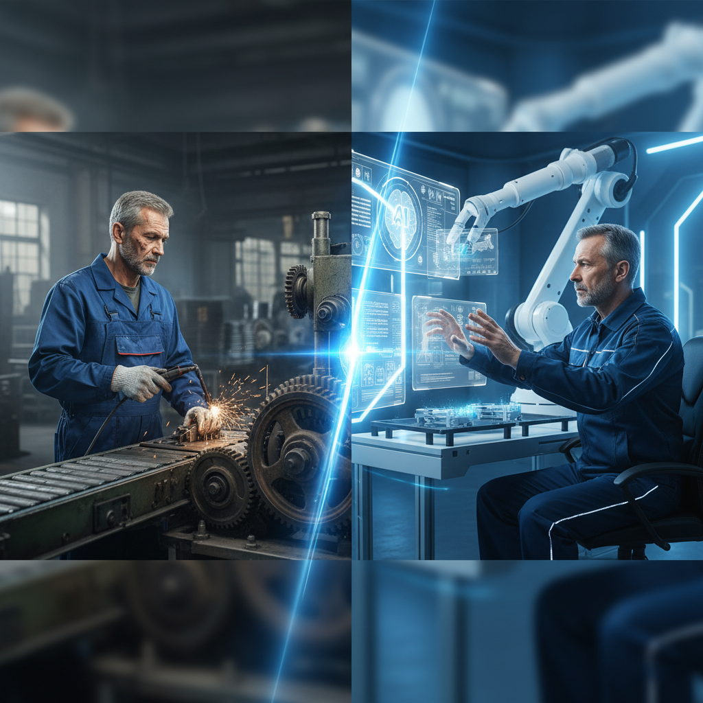 Geleneksel işçi ile ileri robotik sistemleri yöneten işçi arasındaki geçişi gösteren görsel