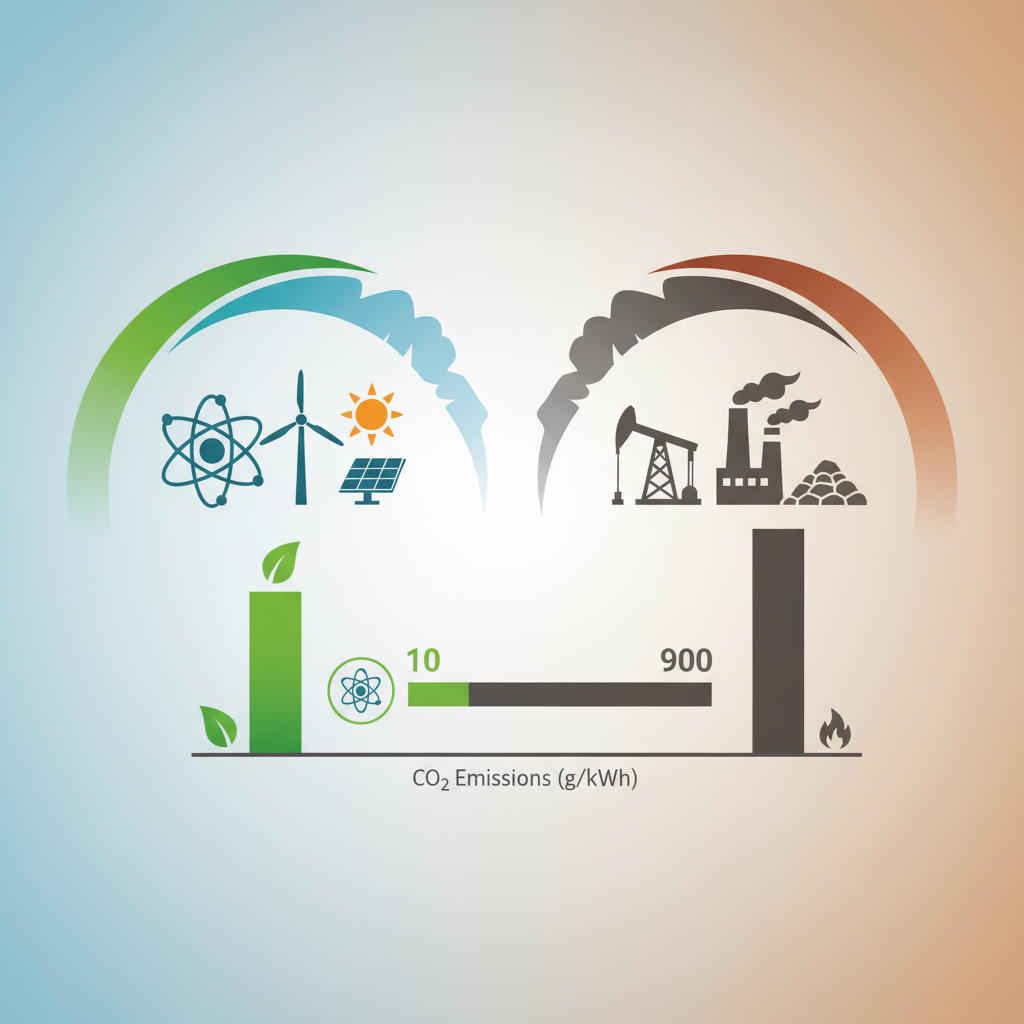 Nükleer enerjinin düşük karbon ayak izini fosil yakıtlarla karşılaştıran canlı bir infografik.
