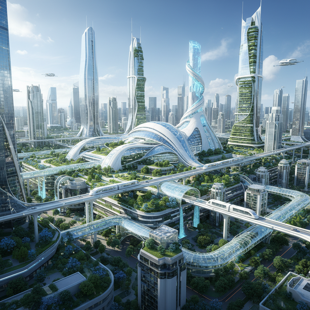 Nükleer teknolojiyle desteklenen sürdürülebilir bir enerji geleceğini simgeleyen fütüristik şehir manzarası.