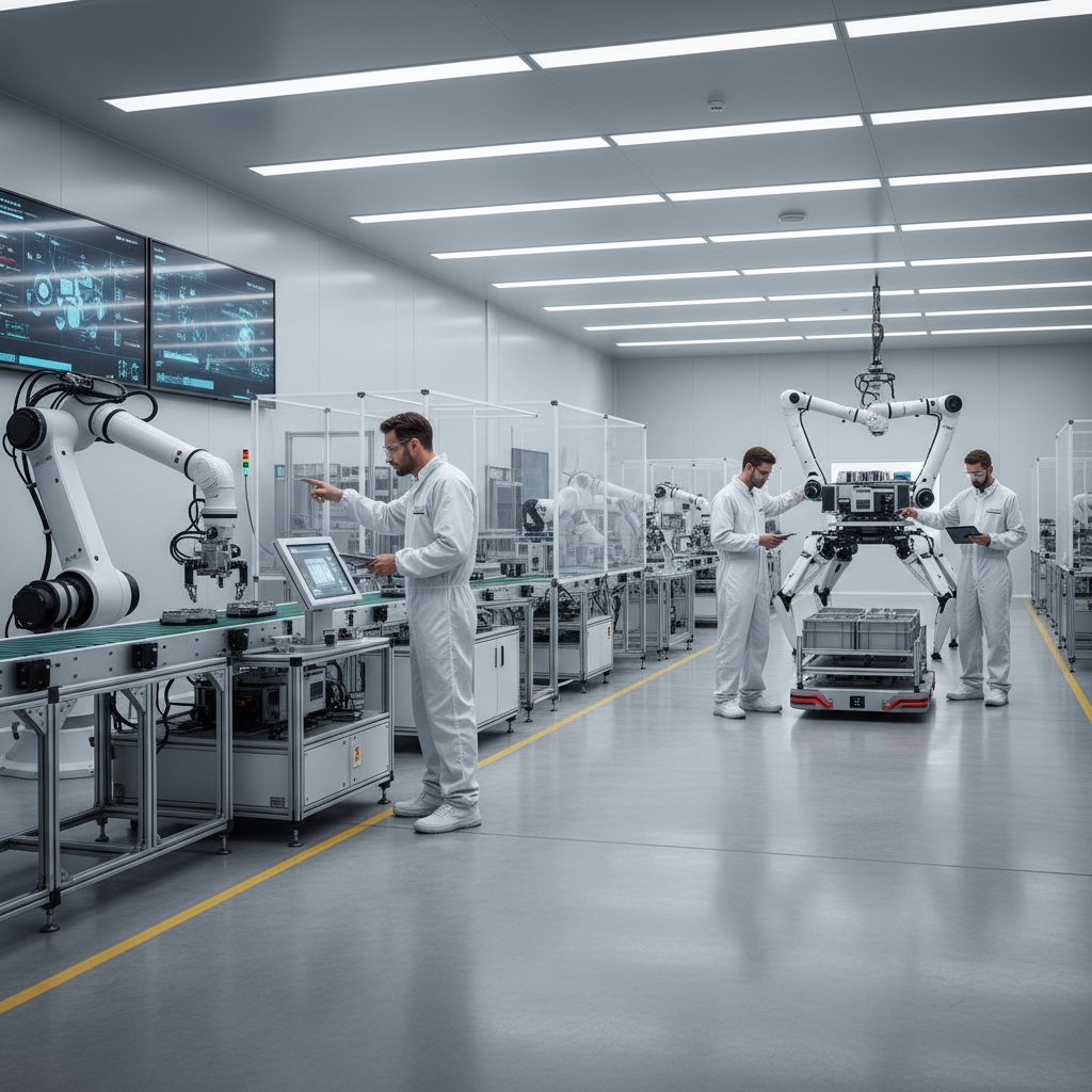 Robotlar ve insanların modern bir fabrikada birlikte çalıştığı sahne