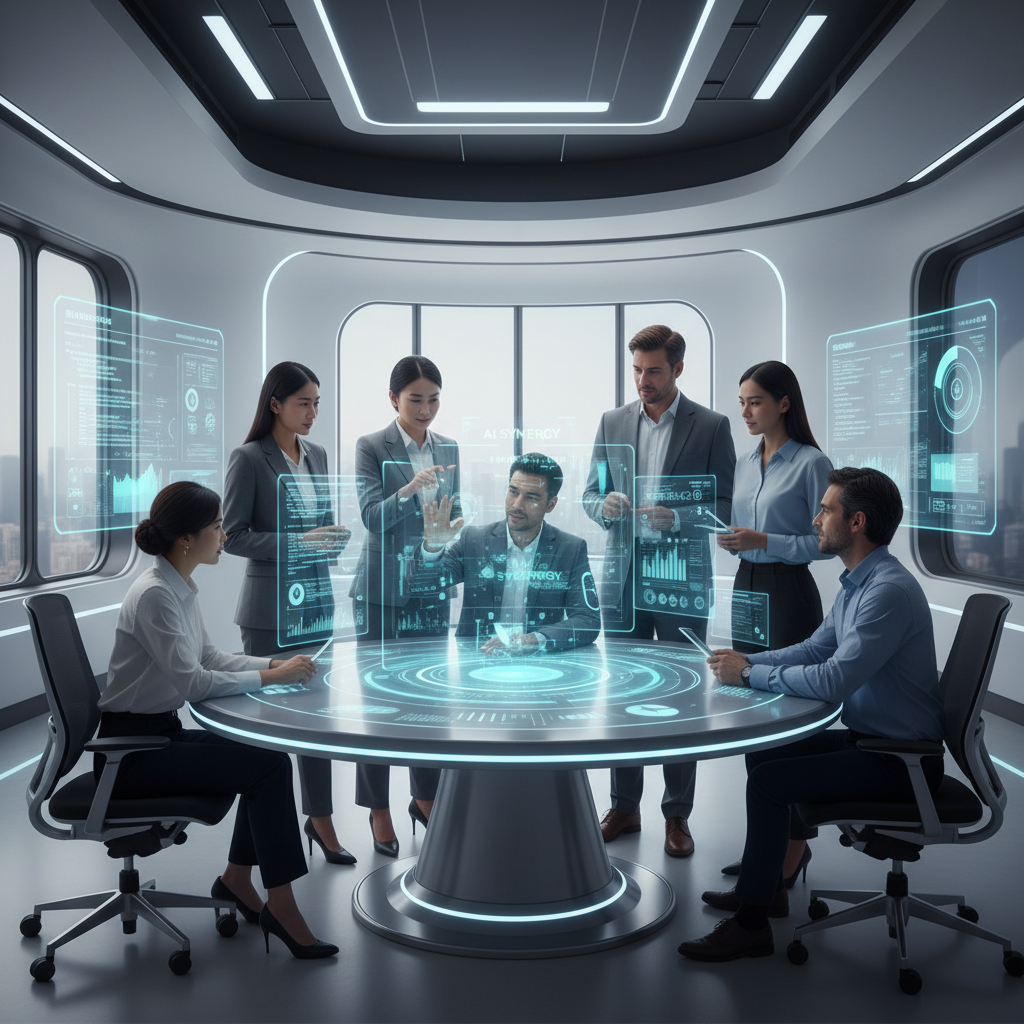 Profesyonellerin yapay zeka destekli bir ortamda toplantı yaptığı sahne
