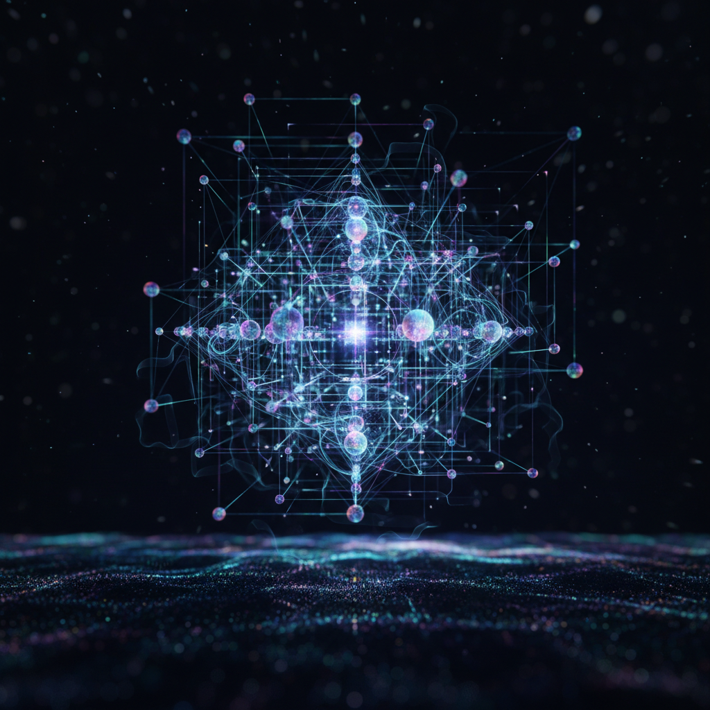 Kuantum bilgisayarın karmaşık yapısını gösteren parlayan soyut kuantum parçacıkları ve çizgilerden oluşan ağ.