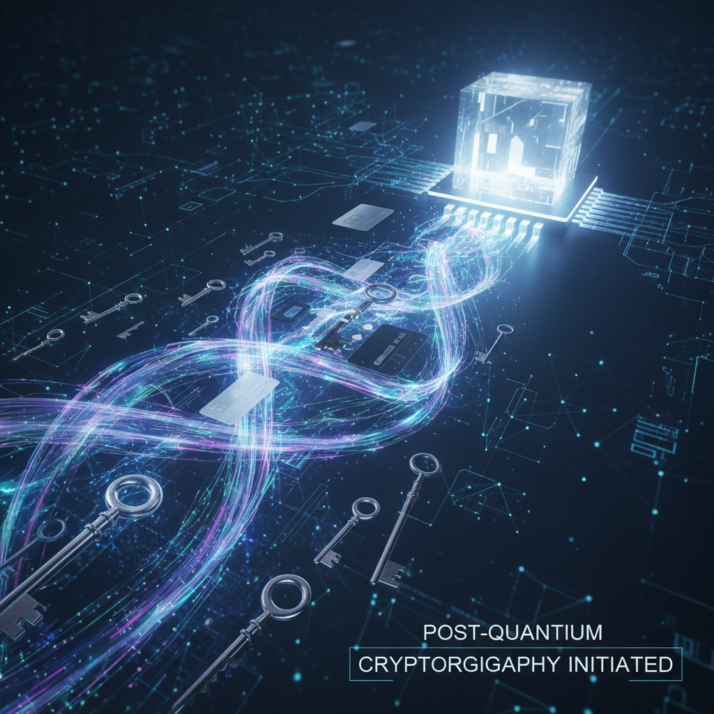 Post-kuantum şifrelemeye geçişi simgeleyen, kuantum veri akışlarına dönüşen şifreleme anahtarlarının görsel temsili.