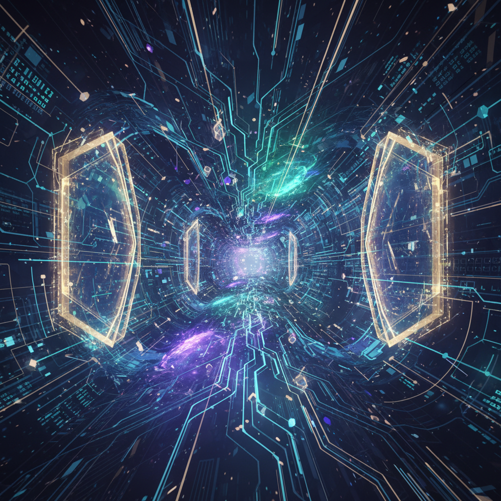 Gelecekte güvenli veri iletimini temsil eden, kuantum ışığıyla aydınlatılmış stilize edilmiş güvenli dijital tünel.
