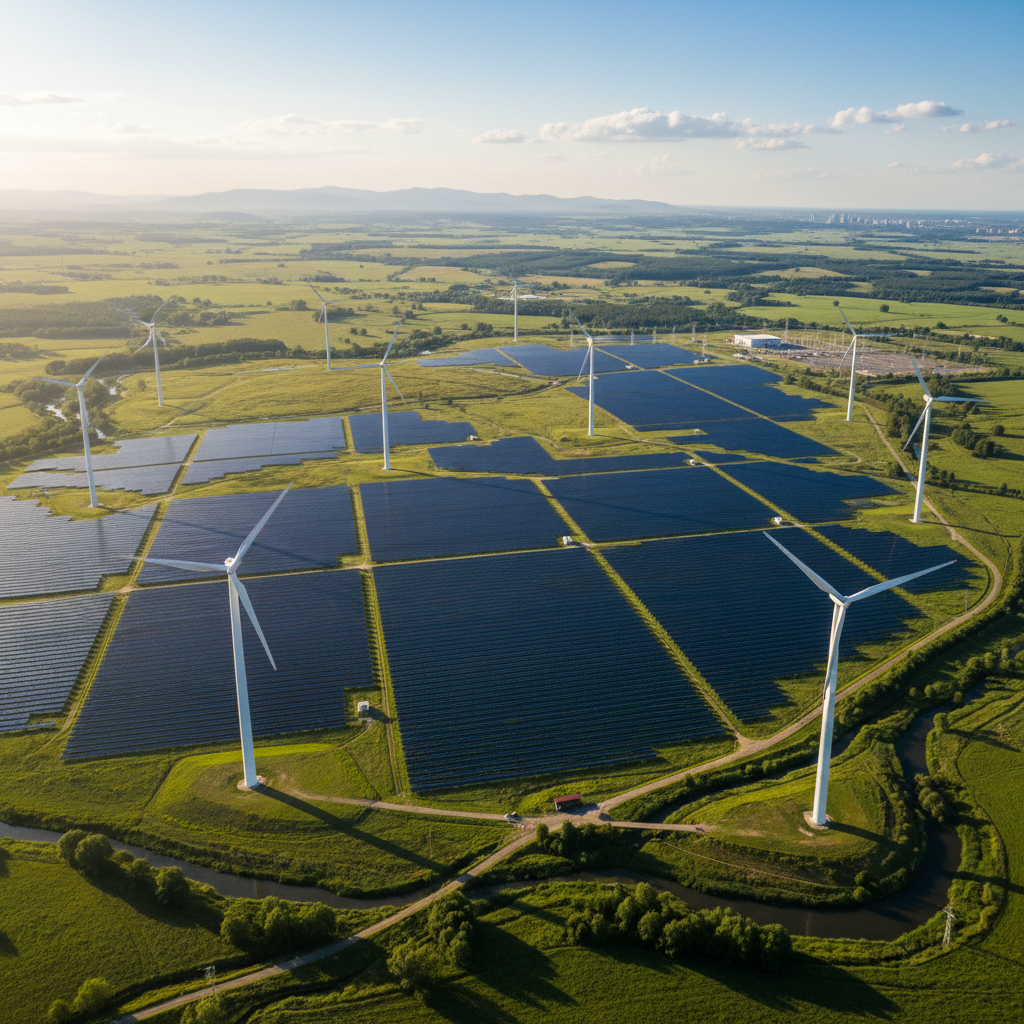 Güneş panelleri ve rüzgar türbinlerinden oluşan geniş bir enerji parkı, güneşli bir günde yeşil bir arazi üzerine yerleştirilmiş.
