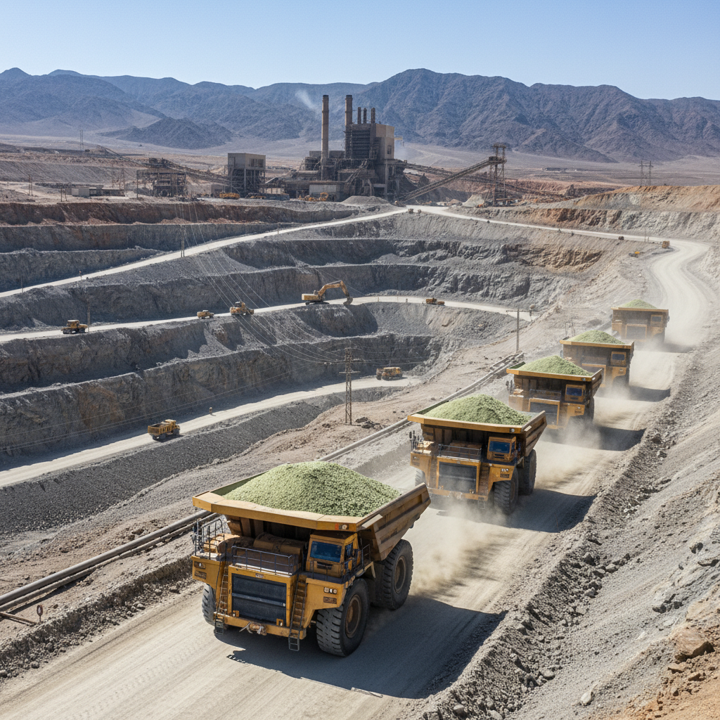 Uranyum madeninden çıkan cevherleri taşıyan kamyonlar, güneşli bir günde endüstriyel bir ortamda çalışıyor.