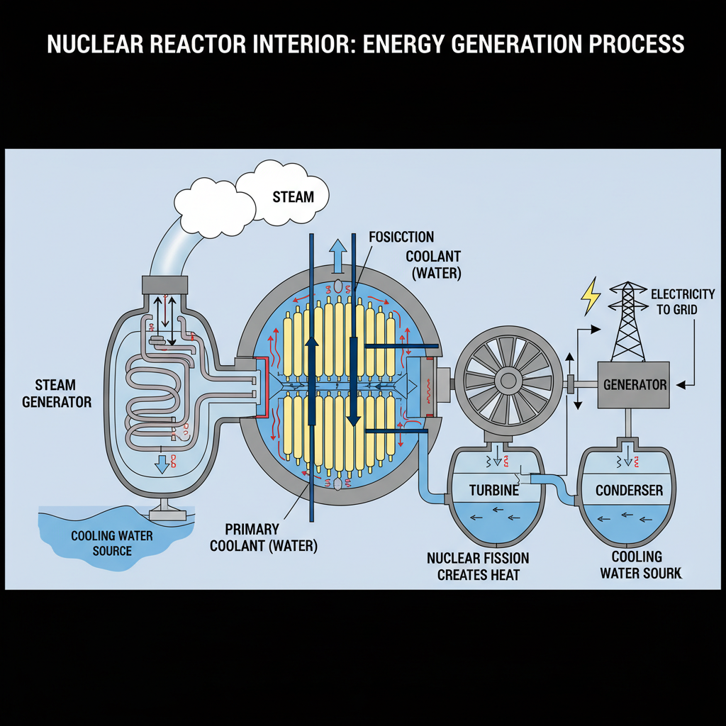 Bir nükleer reaktörün içini gösteren şematik bir çizim, içindeki uranyum yakıt çubuklarını ve enerji üretim sürecini vurguluyor.