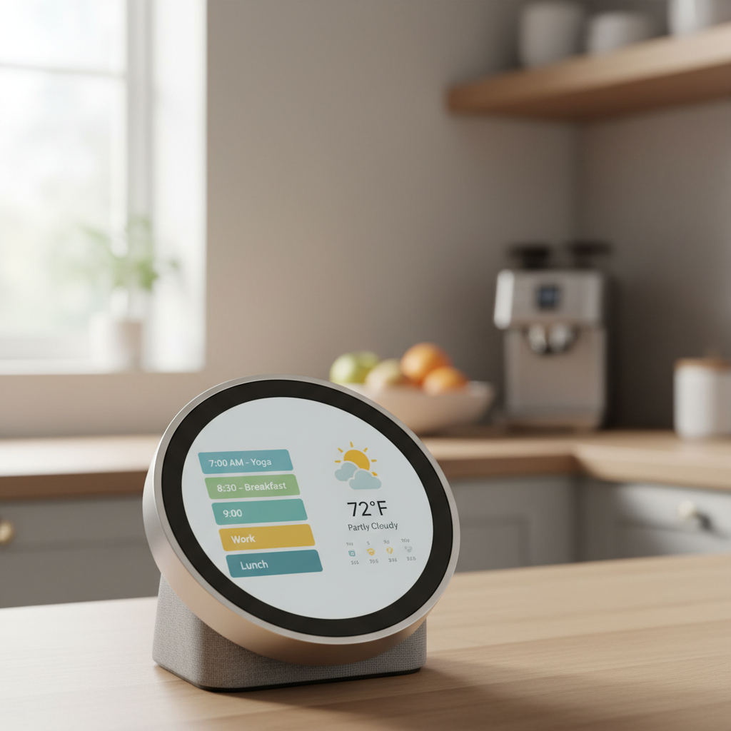 Akıllı ev asistanı cihazı üzerinde kişiselleştirilmiş günlük program ve hava durumu bilgileri.